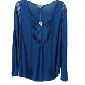 Joseph A. Womens Large Blue Long Sleeve Tunic Top Crochet Detail NWT #I-3